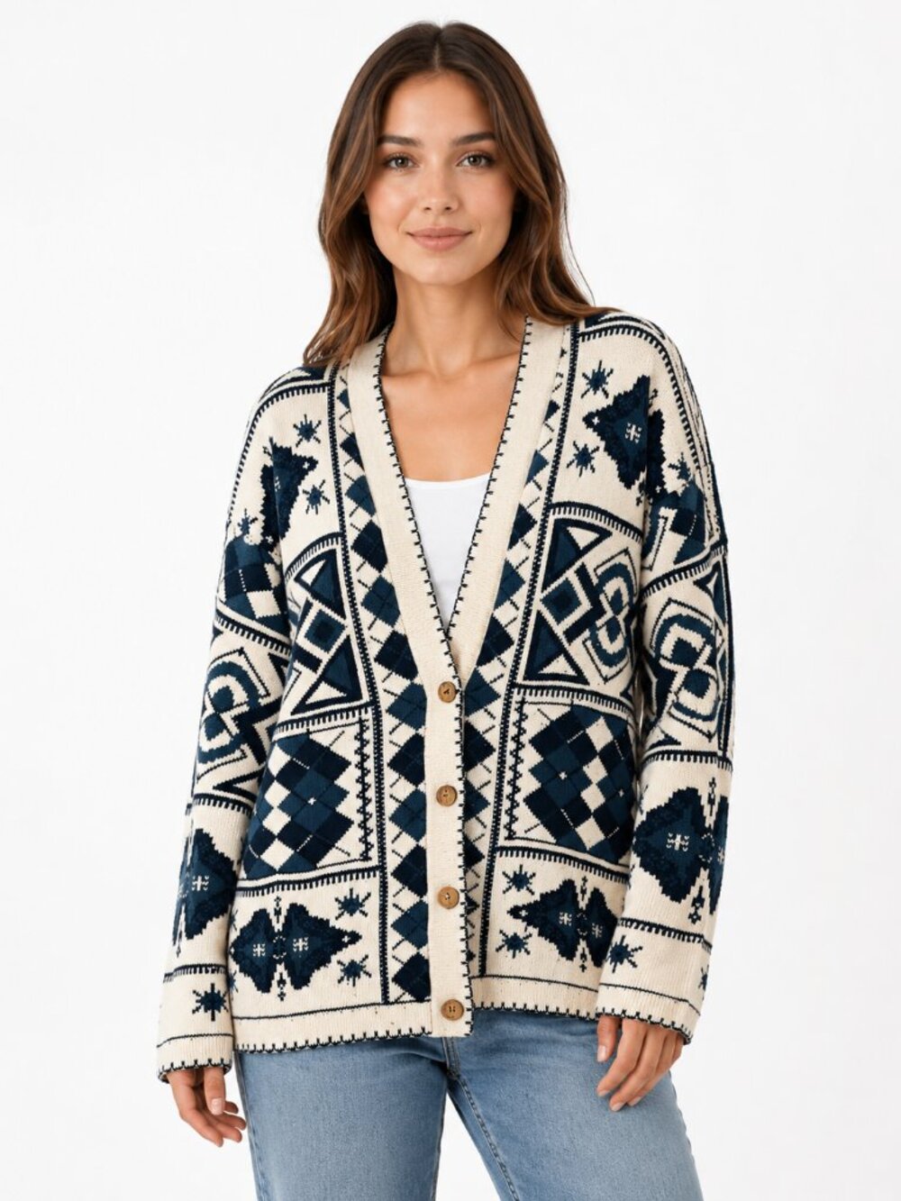 Vintage 90s Aztec Geometric Cardigan Knit Sweater | Made in UK